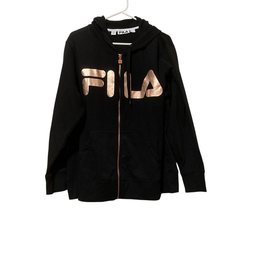 FILA Woman’s Full‎ Zip Hoodie/Jacket Black Size 2x Black Gold Spell Out